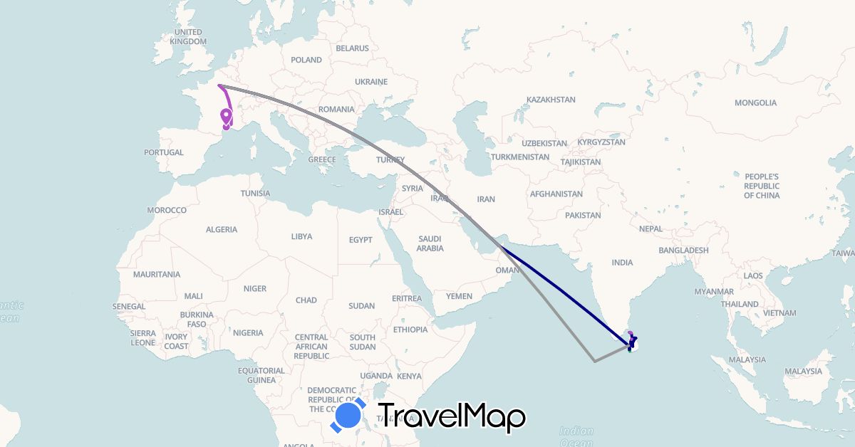 TravelMap itinerary: driving, bus, plane, train in United Arab Emirates, France, Sri Lanka, Maldives (Asia, Europe)